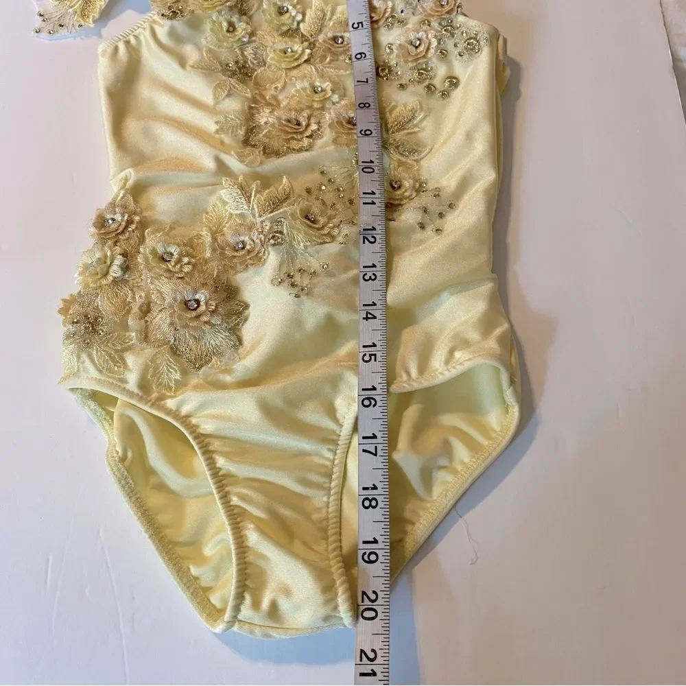 Glamour solo dance costume leotard pale yellow embellished rhinestone lace MC
